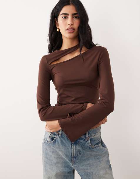 ASOS DESIGN - Chokoladebrun top med lange ærmer og udskåret detalje i bomuldslignende stof - view 1