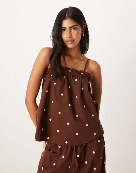 ASOS DESIGN - Chokoladebrun trapez-formet top med cami-stropper og polkaprikker - view 1