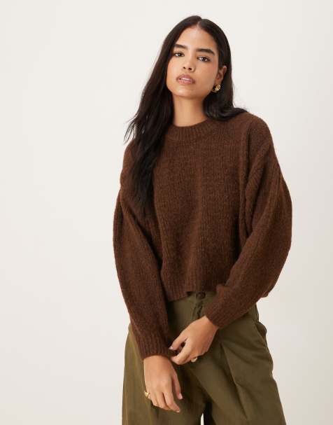 ASOS DESIGN - Chokoladebrun trøje med plisseringsdetalje på ærmerne - view 1