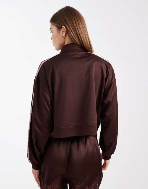 ASOS DESIGN - Chokoladebrun træningsjakke i trikot med blondedetaljer og ståkrave, 4 af 4