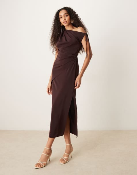 ASOS DESIGN - Chokoladebrun tætsiddende oneshoulder-midikjole med bindebåndsdetalje - view 1