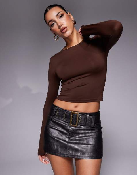 ASOS DESIGN - Chokoladebrun tætsiddende top med lange ærmer i polyamid - view 1