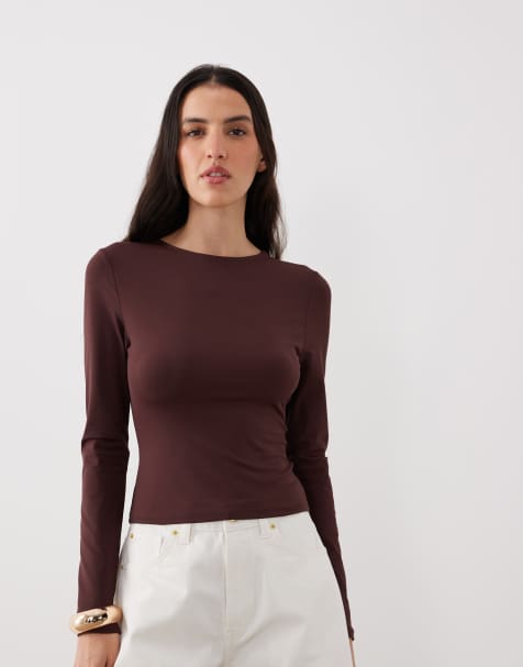 ASOS DESIGN - Chokoladebrun tætsiddende top med lange ærmer i polyamid - view 1