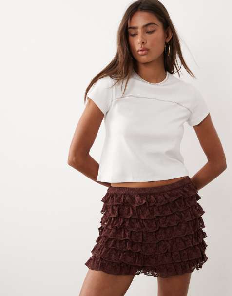 ASOS DESIGN - Chokoladebrune lagdelte mikroshorts med flæser i blondestof - view 1