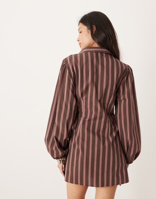 ASOS DESIGN - Chokoladebrune mini-skjortekjole i poplin med striber og bindebånd i siden, 4 af 4