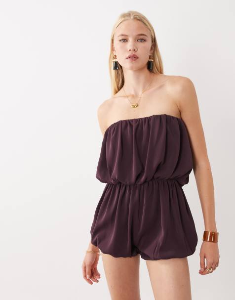 ASOS DESIGN - Chokoladebrunt playsuit i satin med pufdesign - view 1
