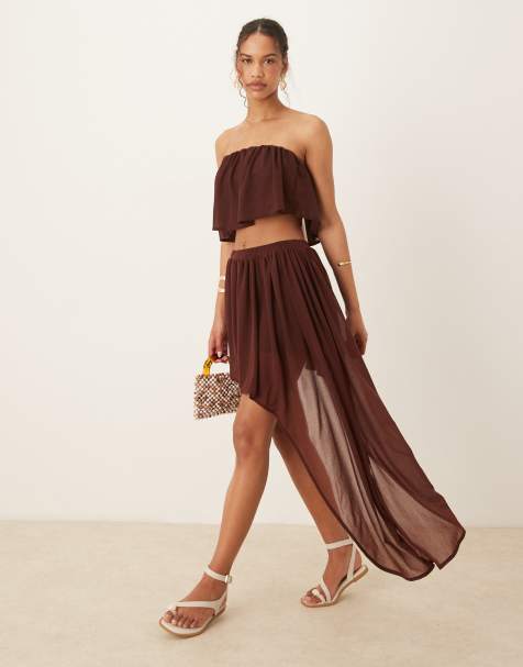 ASOS DESIGN - Chokoladebrunt sæt med flæser - view 1