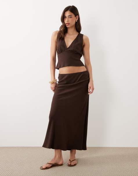ASOS DESIGN - Chokoladebrunt sæt med top med halterneck i hørblanding - view 1