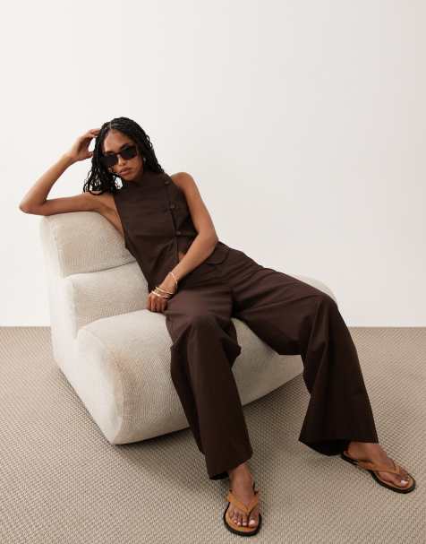 ASOS DESIGN - Chokoladebrunt sæt med top med kinakrave og bindedetalje i hørblanding - view 1