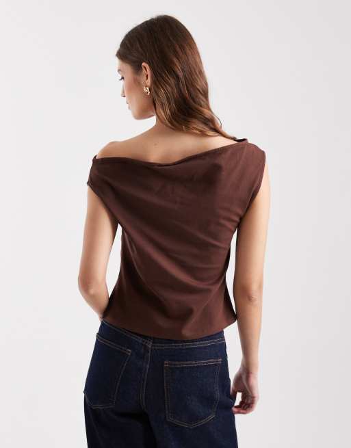 ASOS DESIGN - Chokoladefarvet offshouldertop i bomuld, 4 af 4