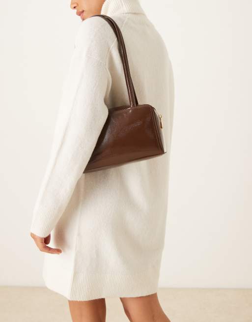 ASOS DESIGN - Chokoladefarvet og kasseformet skuldertaske i lak, 3 af 4