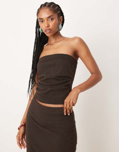 ASOS DESIGN - Chokoladefarvet rynket bandeau i strikket boucle - Del af sæt - view 1