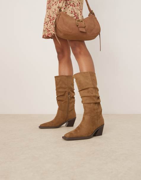 ASOS DESIGN Chosen slouchy western knee boots in taupe suedette - view 1