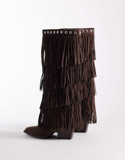 ASOS DESIGN - Christine - Knielaarzen met franjes in chocoladebruin, 2 van 4