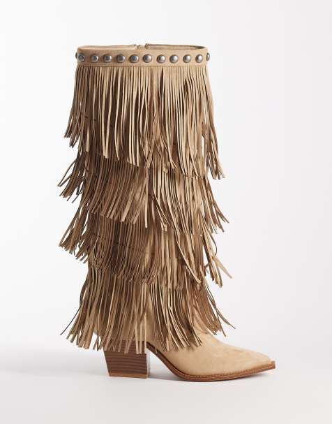 ASOS DESIGN – Christine – Sandfärgade knähöga boots med fransar - view 1