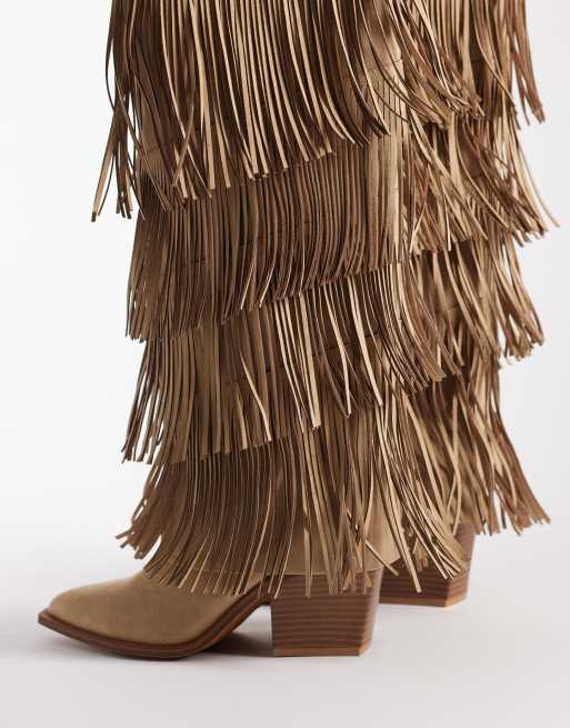 ASOS DESIGN – Christine – Sandfärgade knähöga boots med fransar, 2 av 4