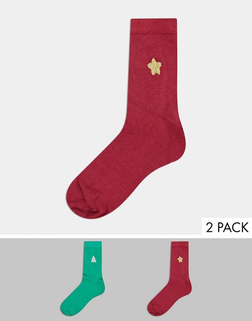 ASOS DESIGN 2 pack embroidered ankle socks