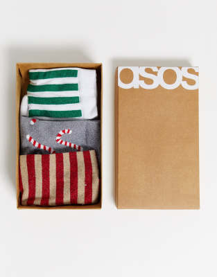 ASOS DESIGN ASOS DESIGN Christmas 3 pack glitter candy cane ankle socks in gift box - MULTI