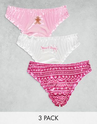 ASOS DESIGN Christmas 3 pack satin scrunch embroidered thongs in pink