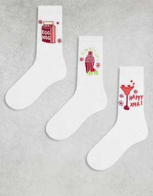 ASOS DESIGN ASOS DESIGN Christmas 3 pack socks with drinks graphic in white
