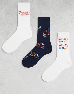 ASOS DESIGN Christmas 3 pack socks with Feliz Navidad graphic in multi