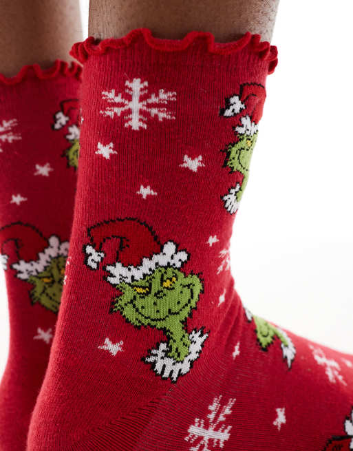 ASOS DESIGN Christmas all over grinch ankle socks with frill edge in red, 2 of 4