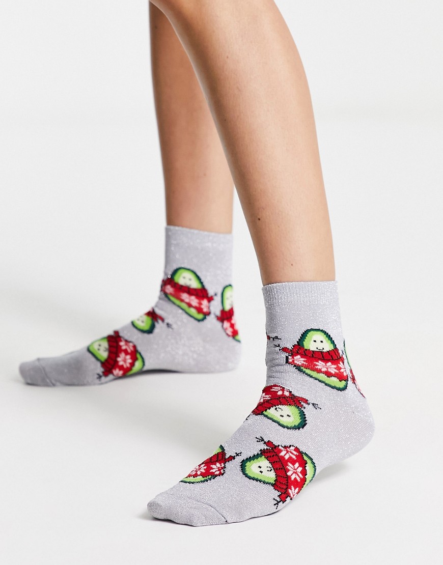 ASOS DESIGN Christmas ankle glitter socks in with avocado design in silver-Multi