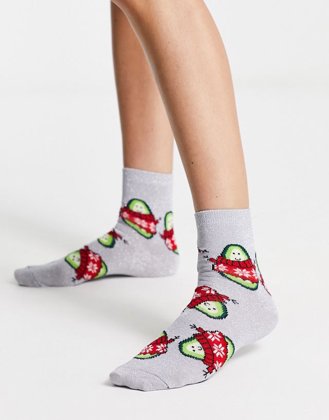 ASOS DESIGN Christmas ankle glitter socks in with avocado design in silver