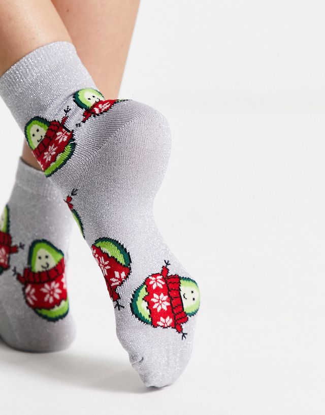 ASOS DESIGN Christmas ankle glitter socks in with avocado design in silver CE9967