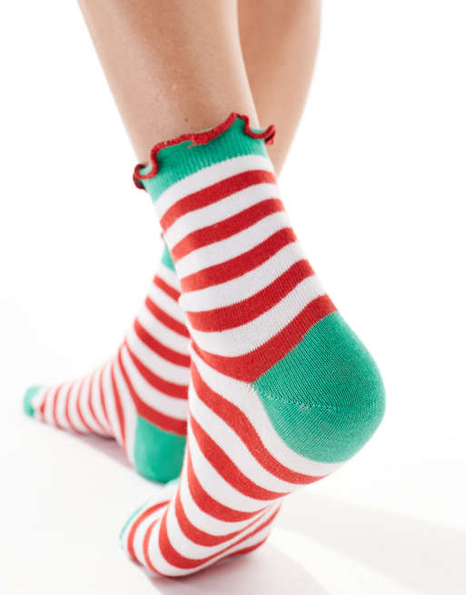 ASOS DESIGN Christmas ankle length elf stripe sock with metallic frill edge, 2 of 3