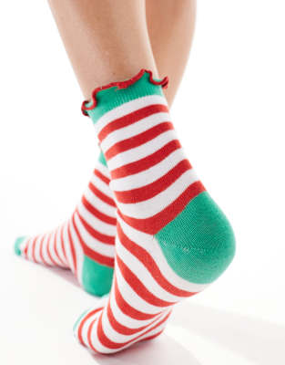Asos Design Christmas Ankle Length Elf Striped Socks With Metallic Frill Edge-multi In Multi