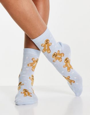 ASOS DESIGN Christmas ankle socks in gingerbread print in blue