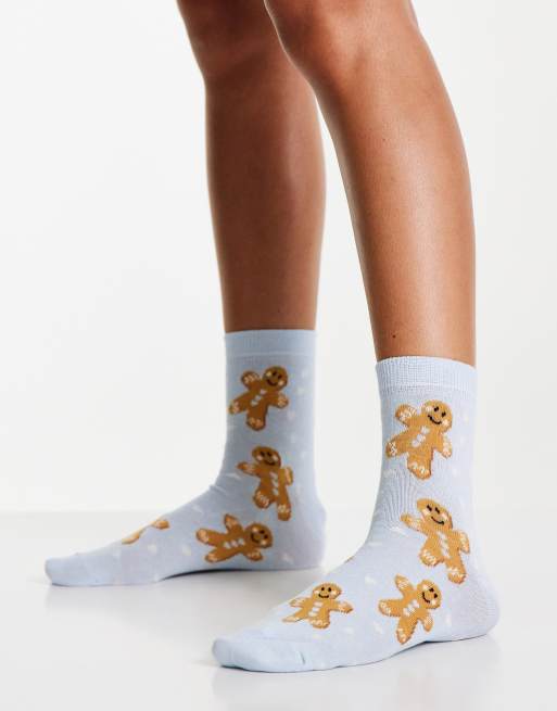 ASOS DESIGN Christmas ankle socks in gingerbread print in blue, 2 of 4