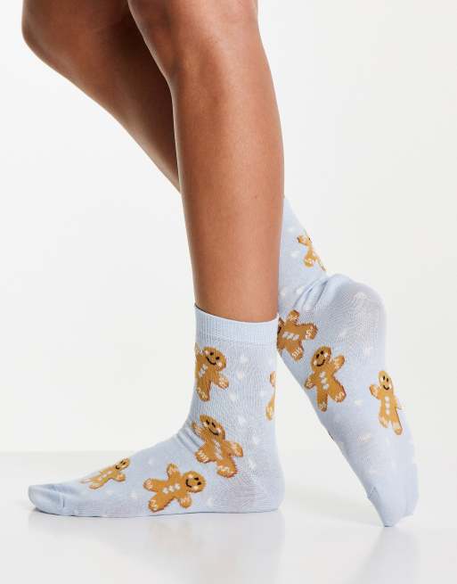 ASOS DESIGN Christmas ankle socks in gingerbread print in blue, 3 of 4