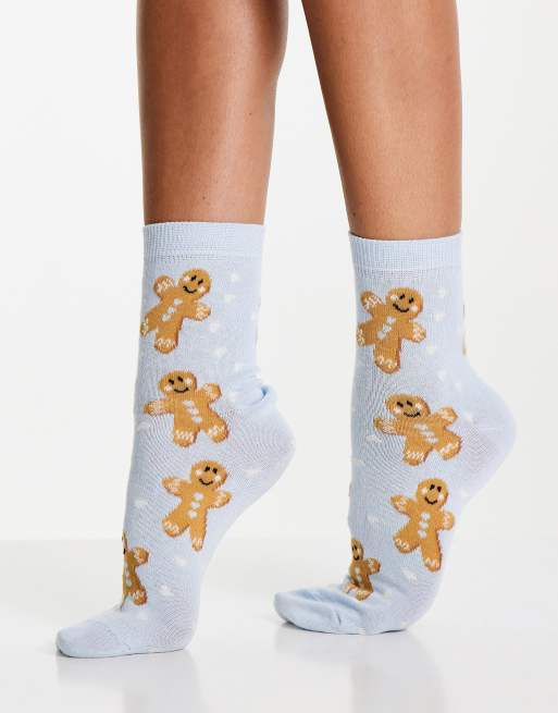 ASOS DESIGN Christmas ankle socks in gingerbread print in blue, 4 of 4