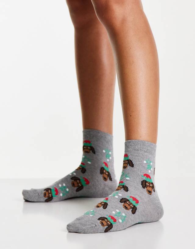 ASOS DESIGN Christmas ankle socks in sausage dog print in gray