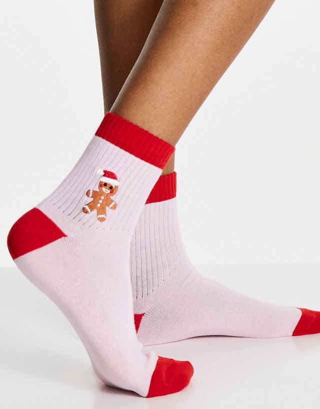 ASOS DESIGN Christmas ankle socks with ginger bread embroidery in pink