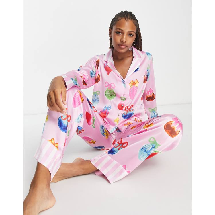 ASOS DESIGN satin stripe shirt & pants pajama set in pink & red