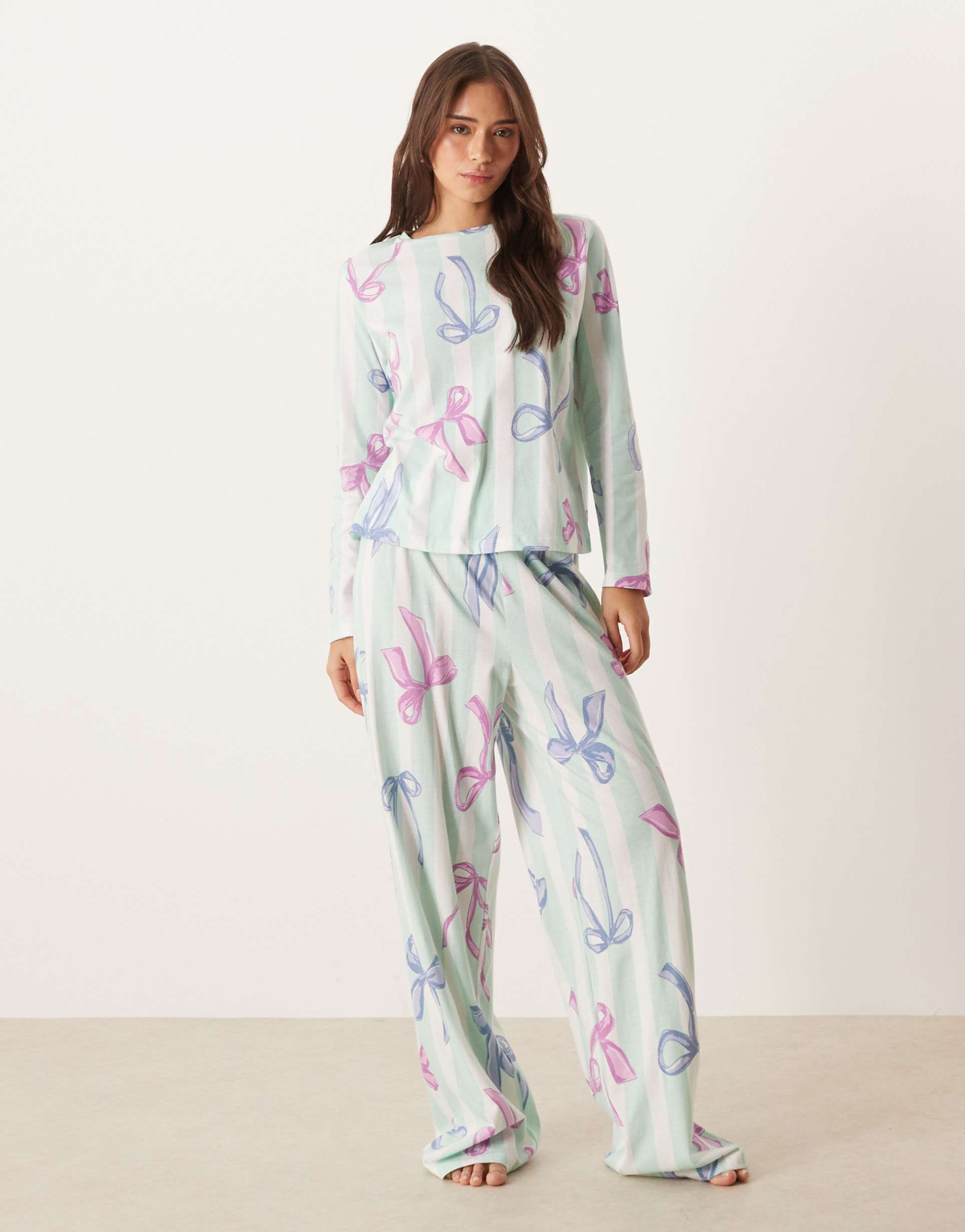 asos design christmas bow long sleeve top & pants pajama set in blue stripes