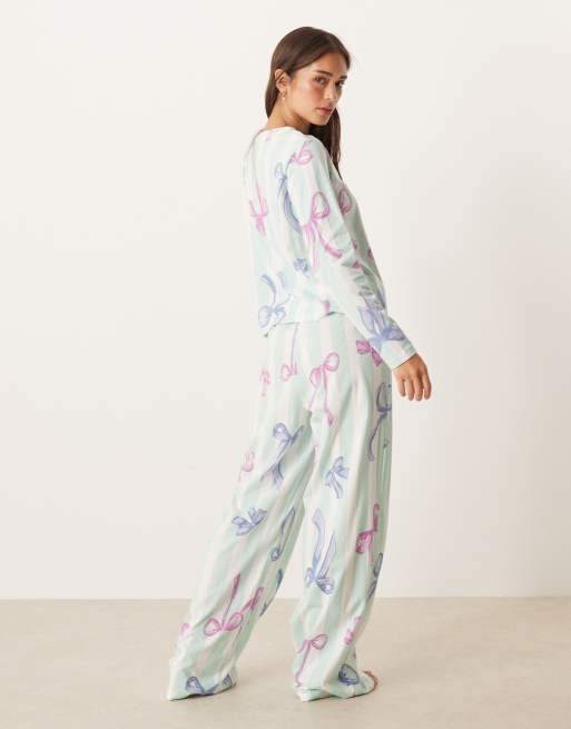 ASOS DESIGN Christmas bow long sleeve top & pants pajama set in blue stripes