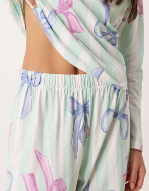 ASOS DESIGN Christmas bow long sleeve top & pants pajama set in blue stripes