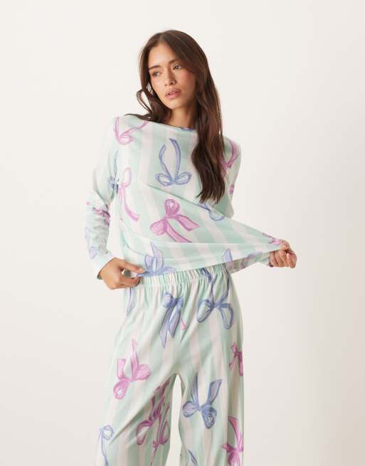 ASOS DESIGN Christmas bow long sleeve top & pants pajama set in blue stripes