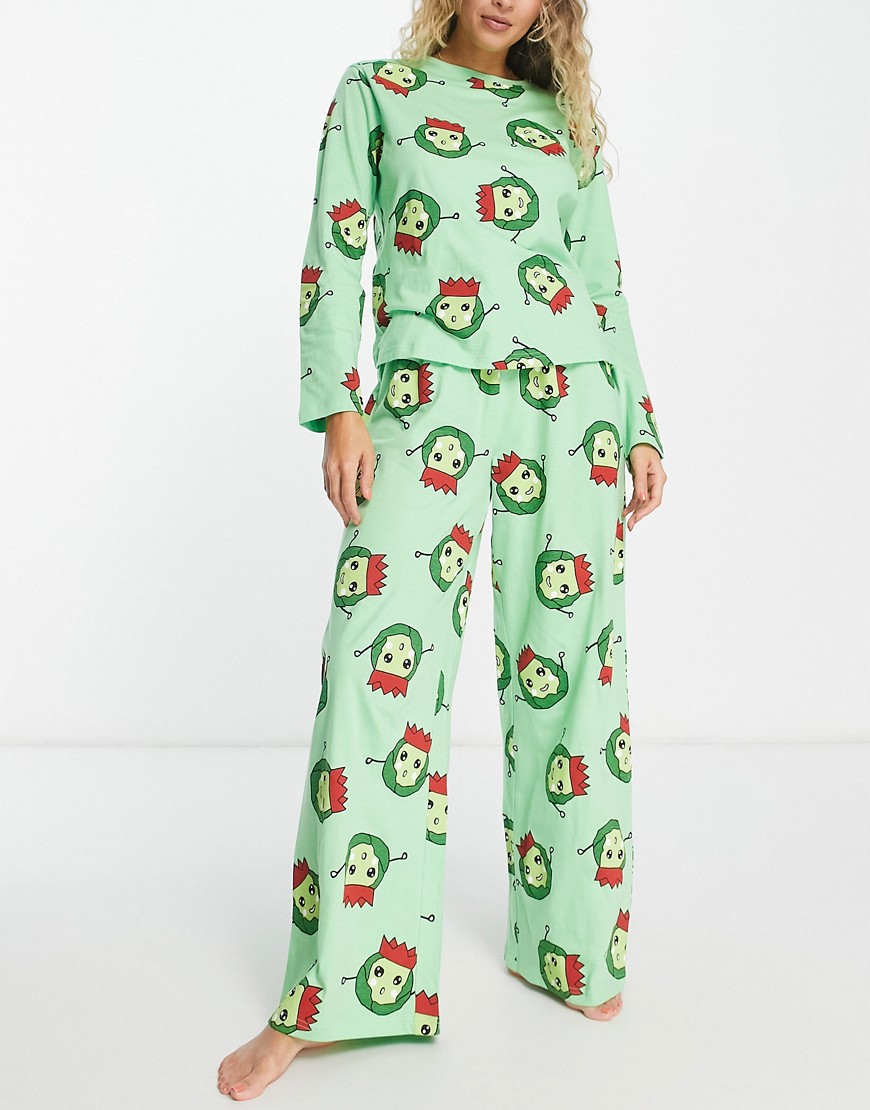 ASOS DESIGN Christmas brussels long sleeve top & trouser pyjama set in green