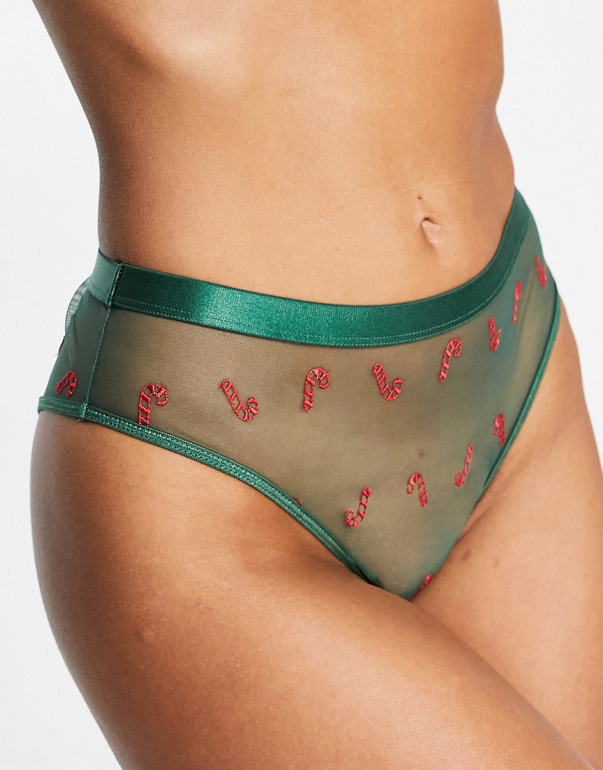 ASOS DESIGN Christmas candy cane embroidery mesh knicker in green