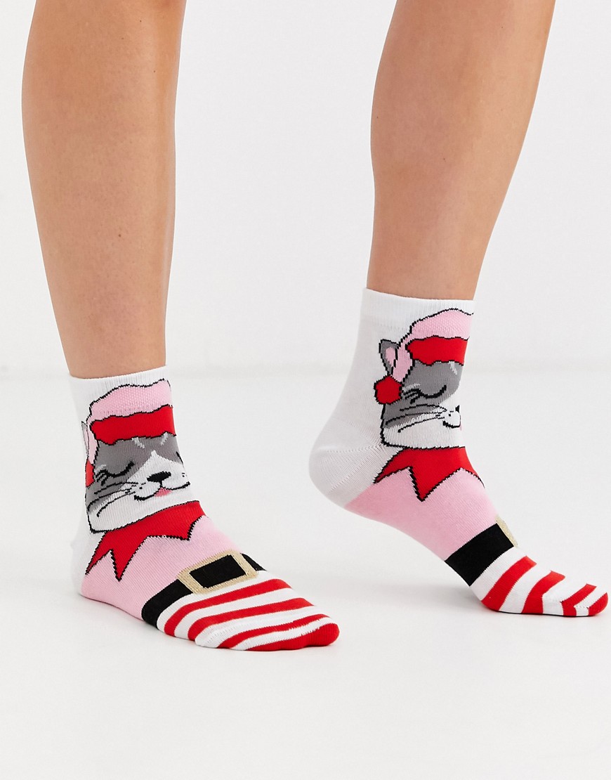 ASOS DESIGN Christmas cat in elf outfit ankle socks-Pink