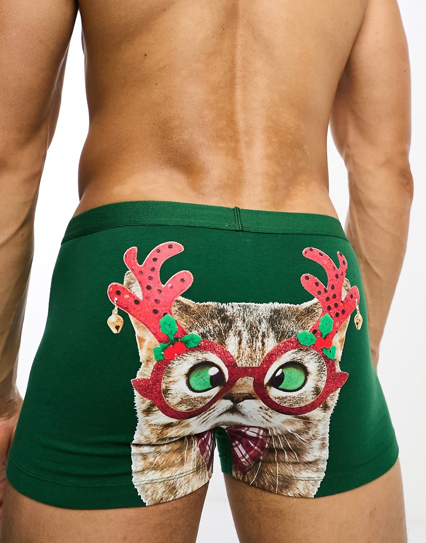 ASOS DESIGN christmas cat trunks in green