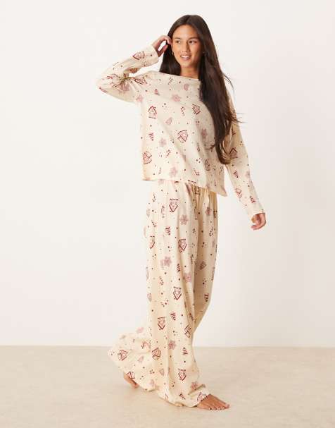 ASOS DESIGN Christmas cookie long sleeve top & trouser pyjama set in cream - view 1