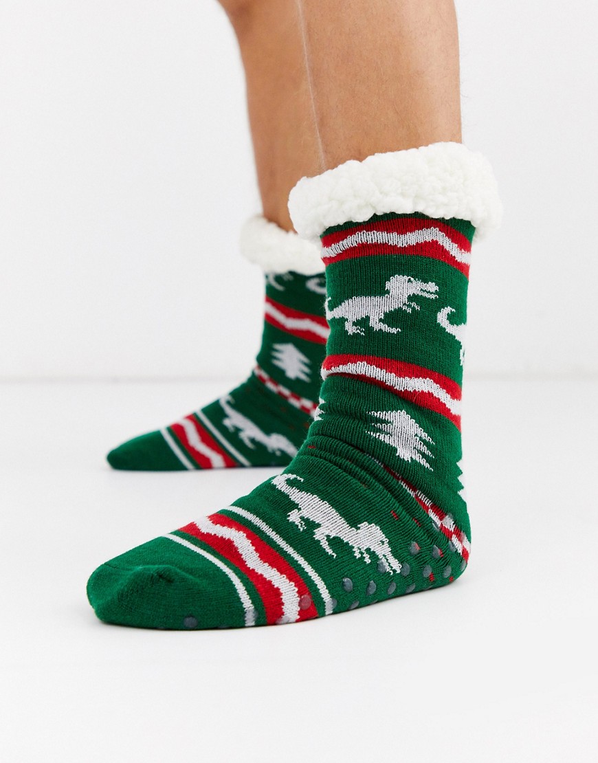 ASOS DESIGN christmas dinosaur fairisle design slipper sock with lining-Green