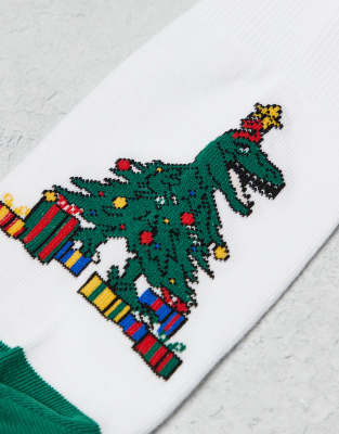 ASOS DESIGN Christmas dinosaur tree socks in white