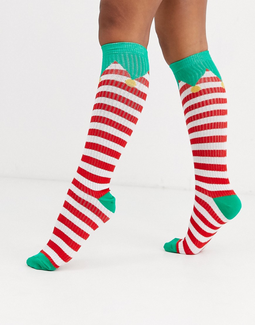 ASOS DESIGN Christmas elf knee high socks-Multi